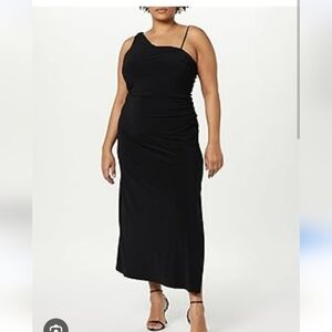 The Drop Lupita Draped One-shoulder Maxi Dress Ruched Side Slit Black 2X NWT